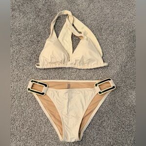 Victoria's Secret Cream Bikini with Green/cream/gold  buckle Accents